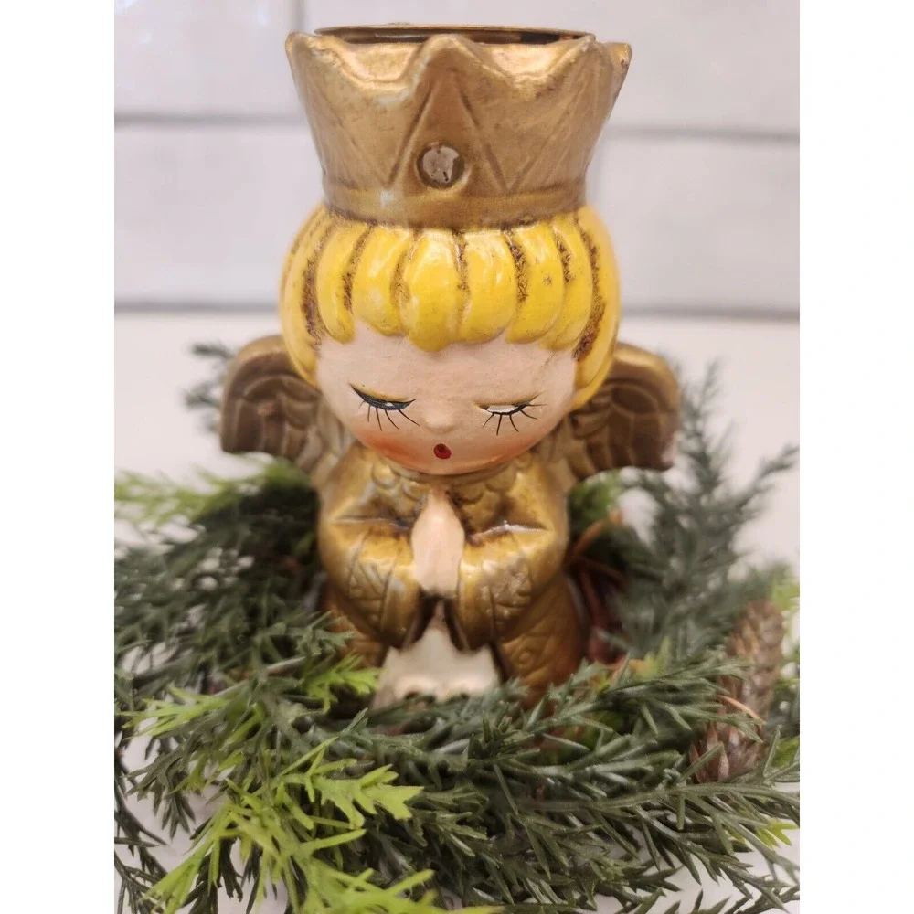 Vtg Caffco Praying Angel Crown Ceramic Tapered Candle Holder Japan Gold W/wreath